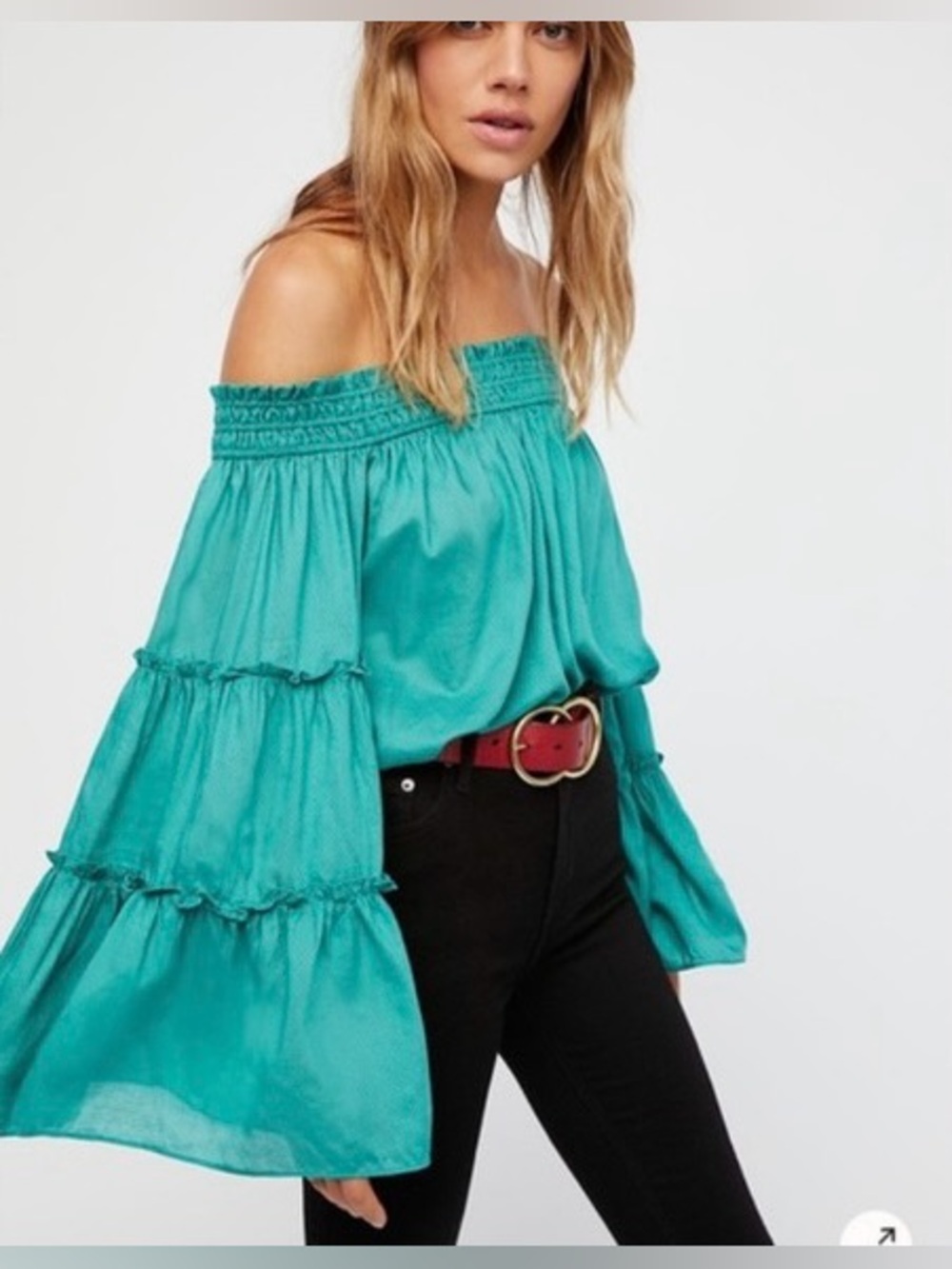Free People Teal Off-Shoulder Tiered Bell-Sleeve Top